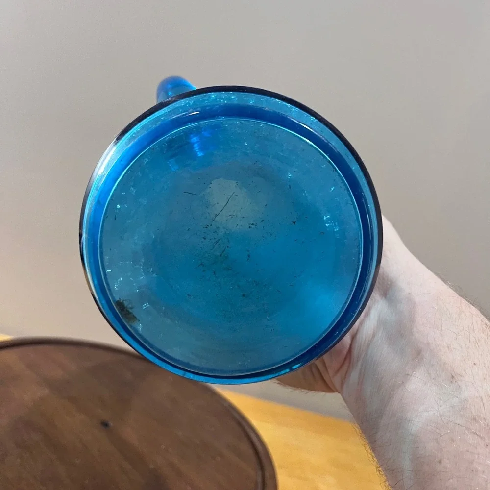 Vtg MCM Kanawha Blue Crackle Glass Pitcher Stretch Spout‎ Art Glass 14.5